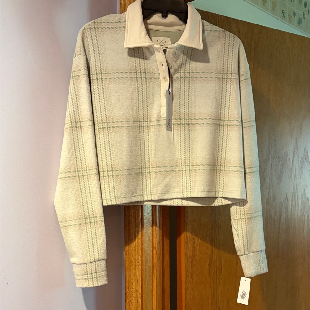 Thread & Supply Cream Cropped Plaid Polo Sweatshirt with Light Green Windowpane